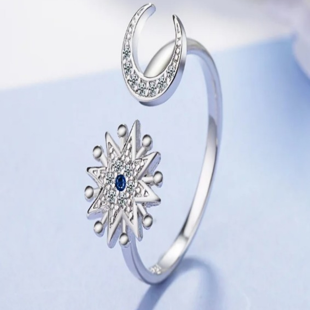 Gorgeous 925 Silver Plated Celestial Ring with Blue Accent Adjustable 6.5 - Picture 3 of 5